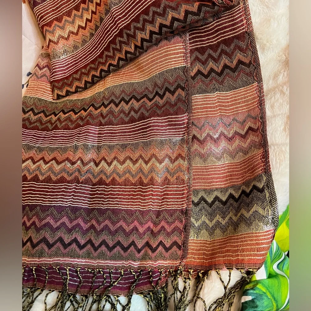 Gorgeous Boho Chevron Brown Gold Black Retro Style Tasseled Fashion Hippie Scarf
